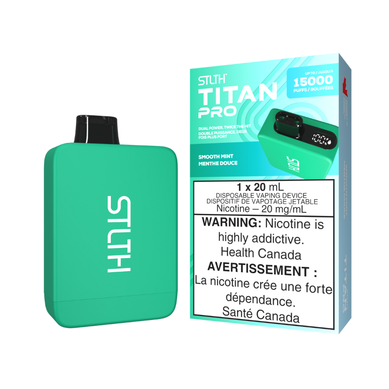 SMOOTH MINT STLTH TITAN (15000 PUFFs) DISPOSABLE VAPE Slide into the otherworldly realm of the Stilth Titan 10k Disposable Vape—where power and performance come together to form vaping greatness! Packed with 19mL of eJuice, a 900mAh rechargeable battery, and 10,000 puffs of endurance, this is a disposable vape like no other. Same-day delivery within the zone and express shipping GTA, Scarborough, Brampton, Etobicoke, Mississauga, Markham, Richmond Hill, Ottawa, Montreal, Nova Scotia, PEI, Vancouver, Vaughan