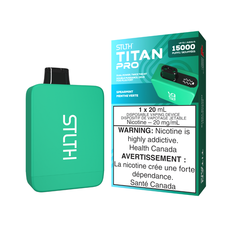 SPEARMINT STLTH TITAN (15000 PUFFs) DISPOSABLE VAPE Slide into the otherworldly realm of the Stilth Titan 10k Disposable Vape—where power and performance come together to form vaping greatness! Packed with 19mL of eJuice, a 900mAh rechargeable battery, and 10,000 puffs of endurance, this is a disposable vape like no other. Same-day delivery within the zone and express shipping GTA, Scarborough, Brampton, Etobicoke, Mississauga, Markham, Richmond Hill, Ottawa, Montreal, Nova Scotia, PEI, Vancouver, Vaughan, 