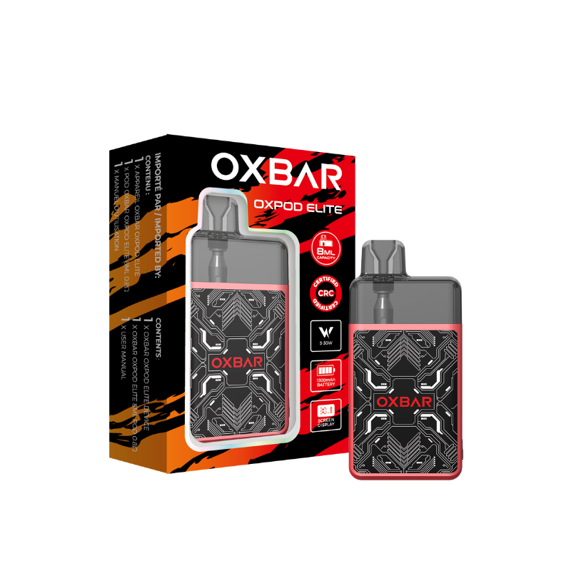 Oxbar Oxpod Elite: 1300mAh battery, 8mL pod, adjustable wattage (5-30W), child lock, 35,000 puffs, USB-C, sleek leather finish, and Hyper Coil tech!