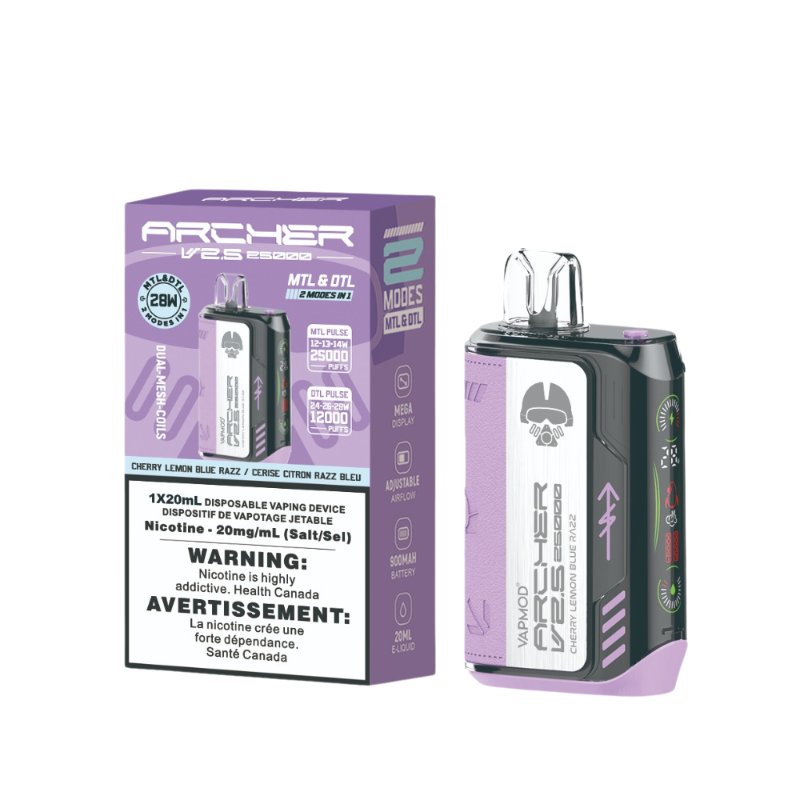 ARCHER VAPMOD 25k CHERRY LEMON BLUE RAZZ DISPOSABLE VAPE MISTER VAPOR ONTARIO, QUEBEC, HALIFAX, PEI, WEST COAST CANADA 