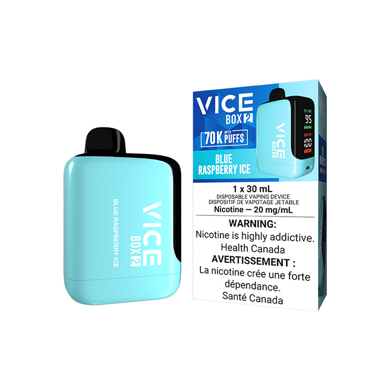 BLUE RASPBERRY ICE  VICE BOX 2 70K DISPOSABLE VAPE: 70000 puffs, 30mL e-liquid capacity, Adjustable airflow and battery & E-liquid indicator. Buy now at MV