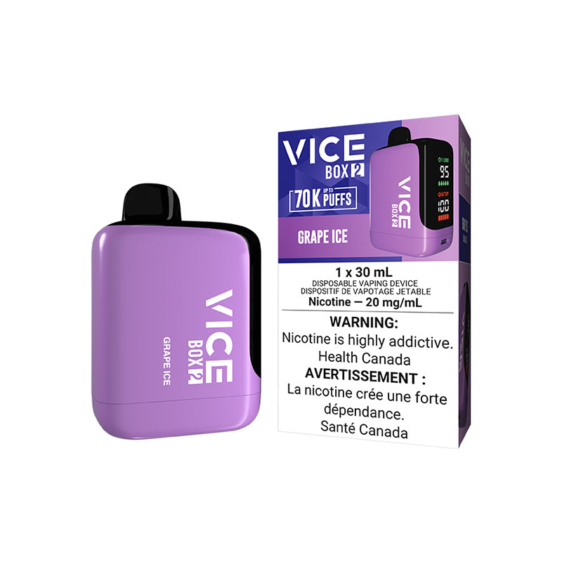 GRAPE ICE VICE BOX 2 70K DISPOSABLE VAPE: 70000 puffs, 30mL e-liquid capacity, Adjustable airflow and battery & E-liquid indicator. Buy now at MV