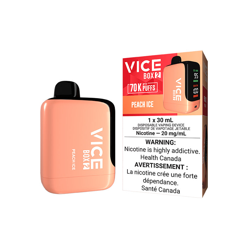 PEACH ICE VICE BOX 2 70K DISPOSABLE VAPE: 70000 puffs, 30mL e-liquid capacity, Adjustable airflow and battery & E-liquid indicator. Buy now at MV