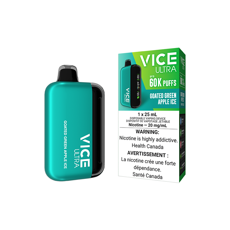 Enjoy the crisp tang of green apple with a frosty twist! The VICE ULTRA Green Apple Ice delivers 60,000 puffs, 25mL e-liquid, and rechargeable convenience.