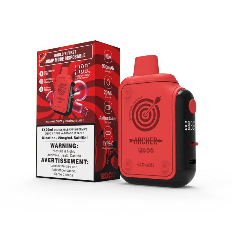 WATERMELON ICE VAPMOD ARCHER DISPOSABLE VAPE(12000)A symphony of luscious watermelon melds seamlessly with an invigorating ice sensation, creating a vaping experience that's both fruity and chilling.Introducing the Archer 12000 Puffs Disposable Vape by VAPMOD – the pioneer of jump mode disposable vapes globally. Packed with an array of remarkable attributes, a hit that give you a feel of 50mg nic level.