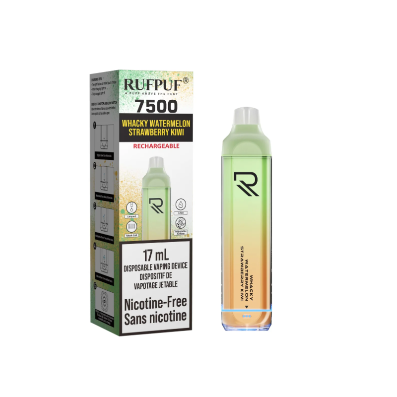 RUFPUF WHACKY WATERMELON STRAWBERRY KIWI NICOTINE FREE DISPOSABLE VAPE  Dive into a whirlwind of flavor with Whacky Watermelon Strawberry Kiwi, where juicy watermelon meets the sweetness of ripe strawberries and the tang of fresh kiwi for a taste sensation that's as refreshing as a summer breeze. Enjoy an all-day vape with an intensely flavorful, nicotine-free e-juice. Same-day delivery within the zone and express shipping GTA, Scarborough, Brampton, Etobicoke, Mississauga