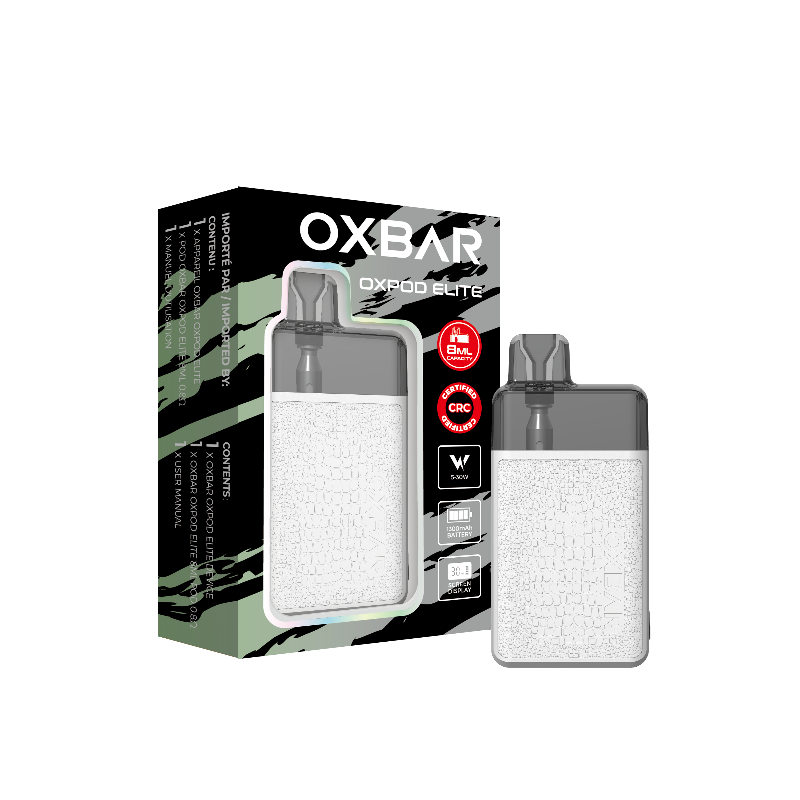 Oxbar Oxpod Elite: 1300mAh battery, 8mL pod, adjustable wattage (5-30W), child lock, 35,000 puffs, USB-C, sleek leather finish, and Hyper Coil tech!