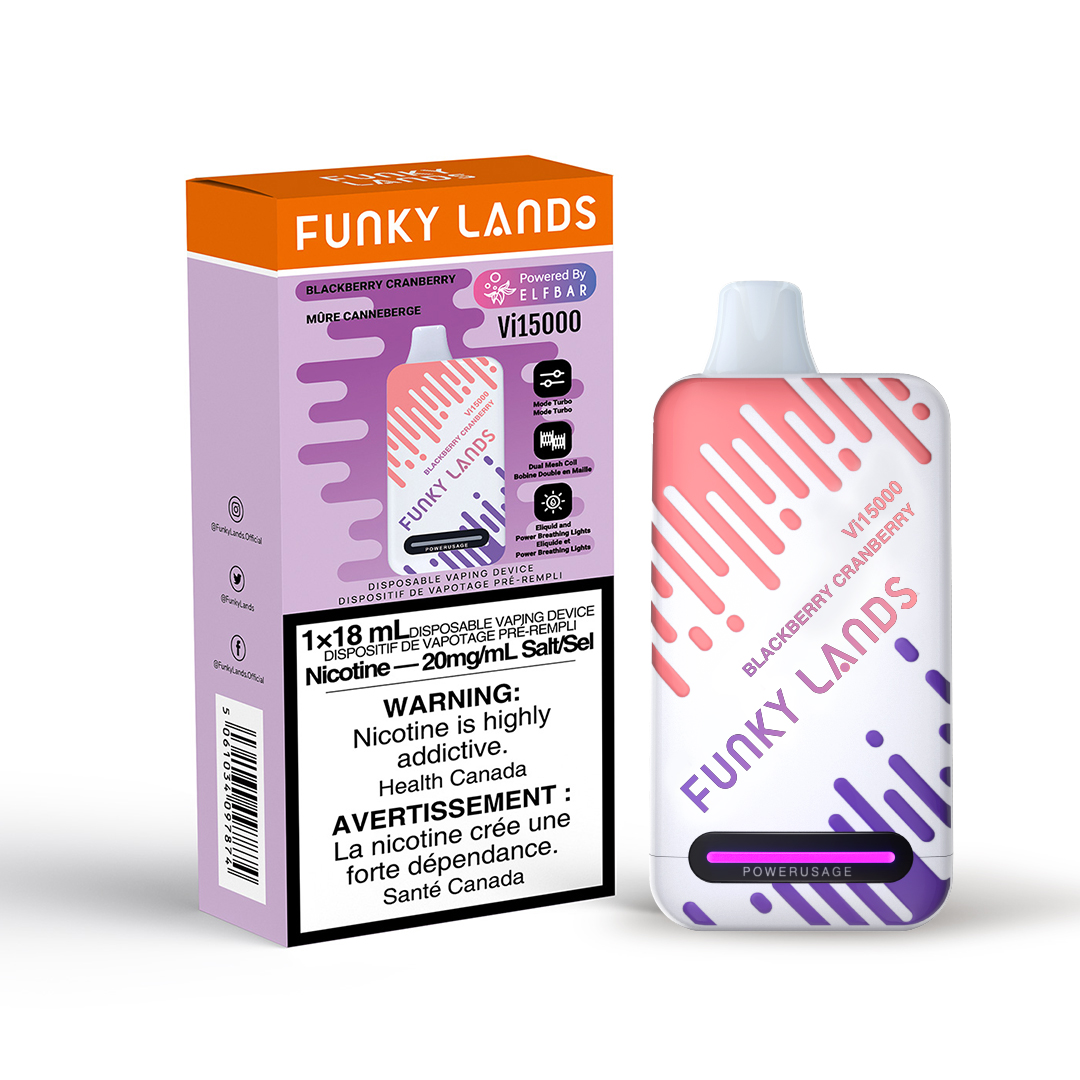 BLACKBERRY CRANBERRY FUNKY LANDS Vi15000 PUFFs DISPOSABLE VAPE Experience the burst of juicy blackberries intertwined with  hint of cranberries, the Funky Lands Vi15000 Rechargeable Disposable Vape, offering 15K puffs.It features Turbo mode for enhanced vape output.