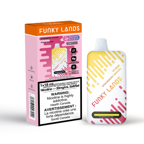 STRAWBERRY BANANA FUNKY LANDS Vi15000 PUFFs DISPOSABLE VAPE Experience the sweet and tangy notes of freshly picked strawberries blended with the smooth essence of ripe bananas., the Funky Lands Vi15000 Rechargeable Disposable Vape, offering 15K puffs. The Funky Lands 15000 features Turbo mode for enhanced vape output.
