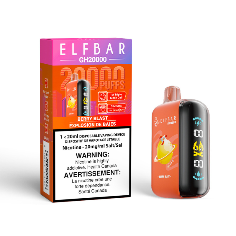 BERRY BLAST ELF BAR GK20k DISPOSABLE VAPE Immerse yourself in a vibrant mix of berries, exploding with sweet and tart notes for an exhilarating berry bliss experience. Perfect for a refreshing vape! Explore Elf Bar ground breaking new product, the Elf Bar GH20k. 