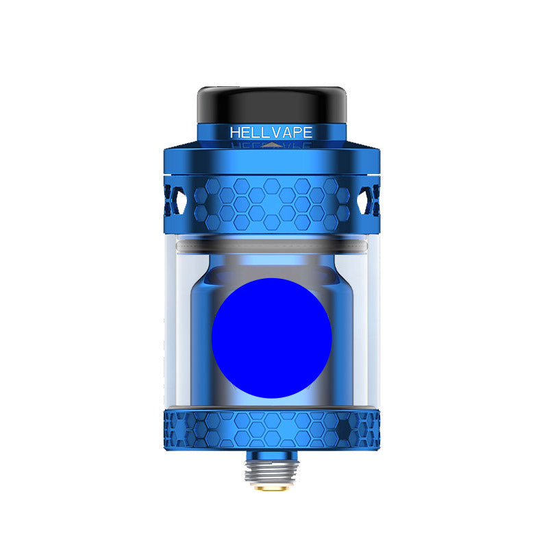 A blue and black HELLVAPE vape tank with a clear glass body, honeycomb-patterned metal accents, and a gold-tone bottom tip, shown on a solid white background.
