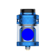 A blue and black HELLVAPE vape tank with a clear glass body, honeycomb-patterned metal accents, and a gold-tone bottom tip, shown on a solid white background.