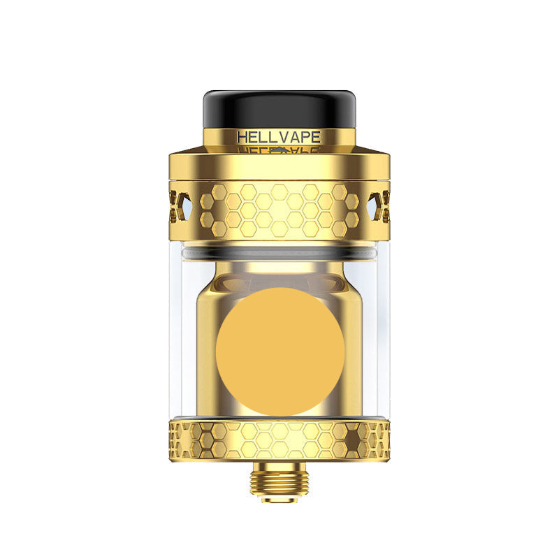 Gold and black HELLVAPE Hellfire vape tank with a clear glass body, honeycomb pattern accents, and a gold bottom threaded connector, shown on a solid white background.