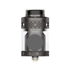 A Hell Vape Hellfire vape tank with a black top and bottom, featuring a clear glass body and a textured honeycomb pattern, shown on a solid white background.