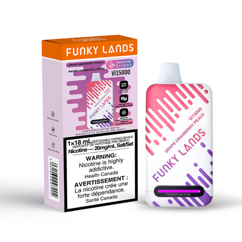 GRAPE CRANBERRY PEACH FUNKY LANDS Vi15000 PUFFs DISPOSABLE VAPE Experience the delightful fusion of sweet grapes, tangy cranberries, and juicy peaches in this perfect blend ,the Funky Lands Vi15000 Rechargeable Disposable Vape, offering a whopping 15K puffs. The Funky Lands features Turbo mode for enhanced vape output