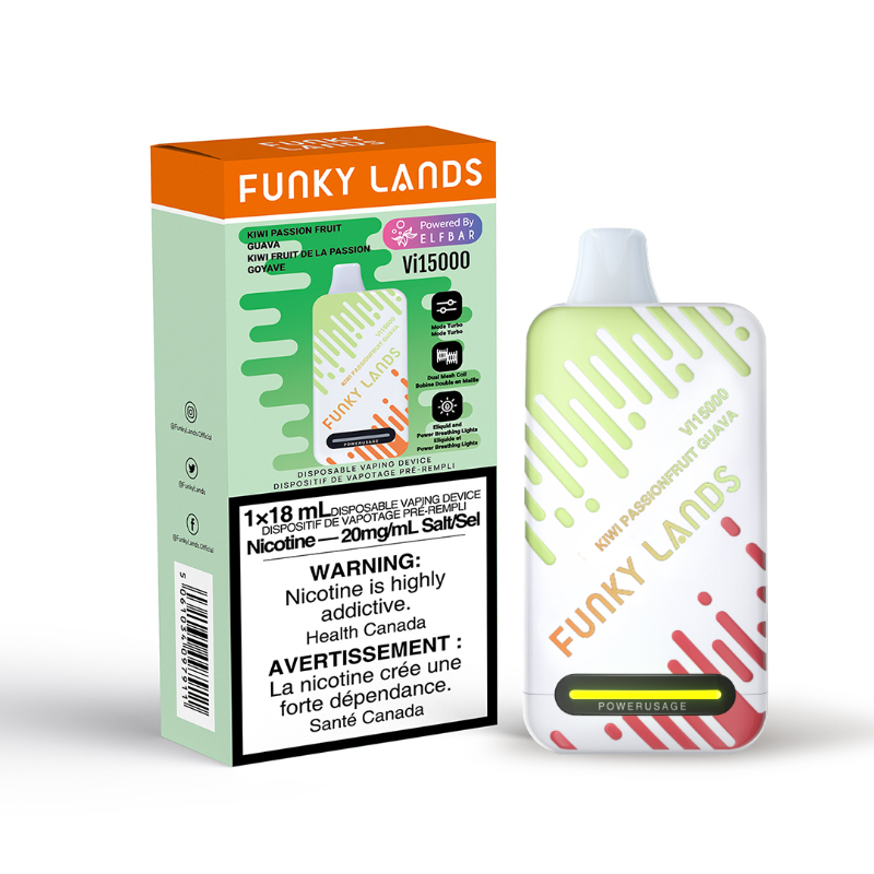 KIWI PASSIONFRUIT GUAVA FUNKY LANDS Vi15000 PUFFs DISPOSABLE VAPE Experience the sweet and tangy notes of ripe kiwi, the tropical punch of passionfruit, and the lusciousness of guava.the Funky Lands Vi15000 Rechargeable Disposable Vape, offering 15K puffs. The Funky Lands  features Turbo mode for enhanced vape output.
