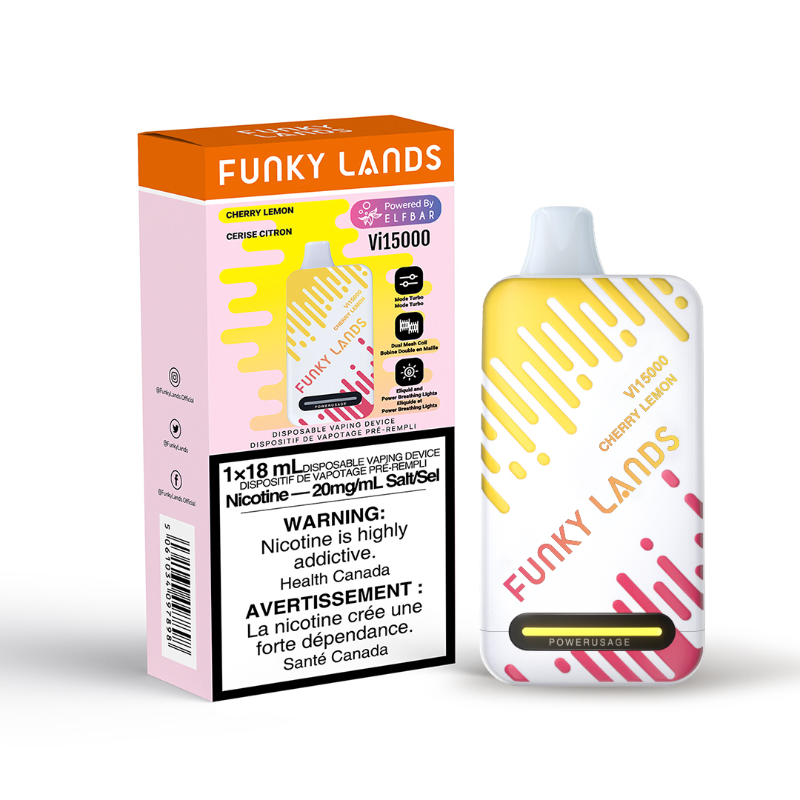 CHERRY LEMON FUNKY LANDS Vi15000 PUFFs DISPOSABLE VAPE Refreshing  lemon intertwines with cherries, creating a vibrant and invigorating flavor profile that tantalizes the taste buds. the Funky Lands Vi15000 Rechargeable Disposable Vape, offering 15K puffs. The Funky Lands features Turbo mode for enhanced vape output.