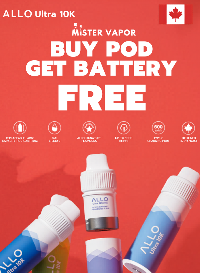 Advertisement for Mister Vapor ALLO Ultra 10K vape pods with a red background and promotional text.