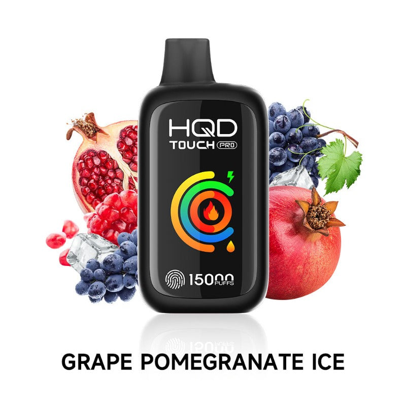 GRAPE POMEGRANATE ICE HQD TOUCH PRO (15000 PUFFs) DISPOSABLE Delivers a revitalizing fusion of grape, pomegranate, and a refreshing icy touch. When you take a draw, the pomegranate notes take the lead, introducing a tangy dimension to the mixture that beautifully complements the grape's natural sweetness.