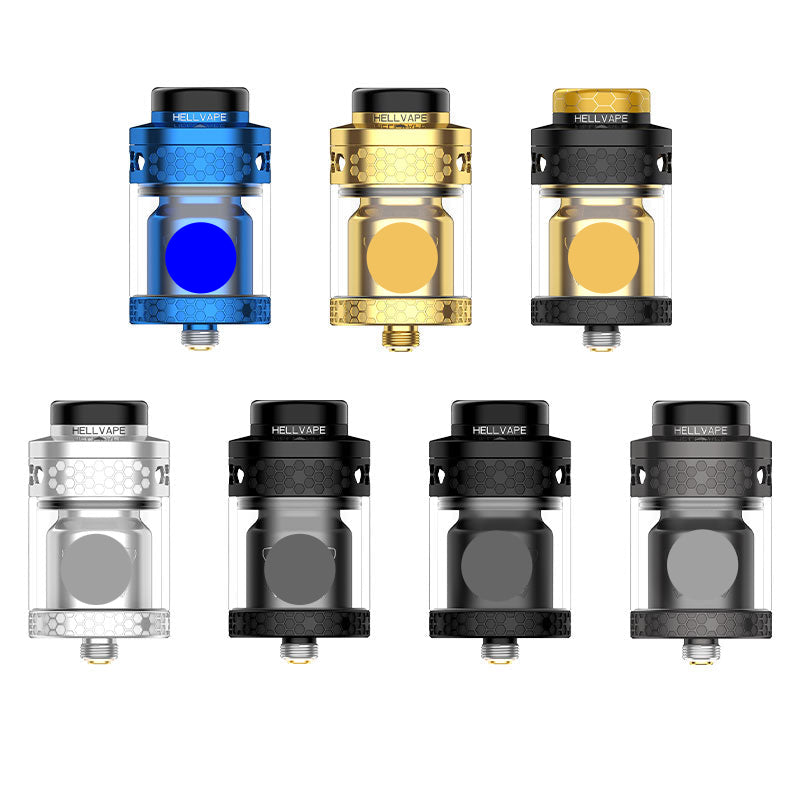Six Hellvape atomizer tanks arranged in two rows on a plain white background, shown in blue, gold, black, and silver finishes with clear glass tanks.
