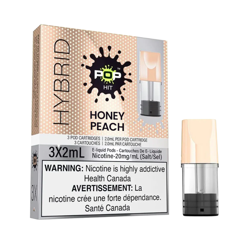 Vape pod packaging with 'Hybrid' branding and 'Honey Peach' flavor on a white background.