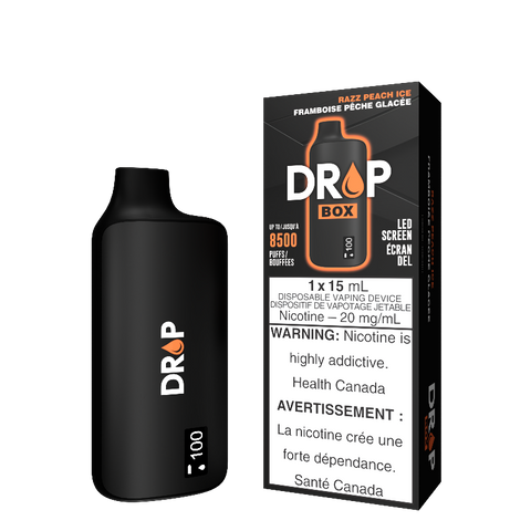 RAZZ PEACH ICE DROP BOX 8500 PUFF DISPOSABLE VAPE, Meet the DROP BOX Disposable vape, your ultimate on-the-go vaping companion! With an impressive 8500-puff capacity and a substantial 15mL e-liquid tank, this sleek device guarantees a satisfying vaping experience.