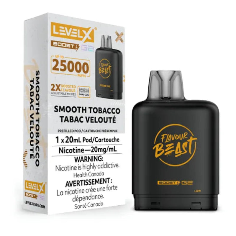 New Flavour ! SMOOTH TOBACCO Level X BOOST PODS Buy Now , with 25000 puffs and adjustable boost modes .