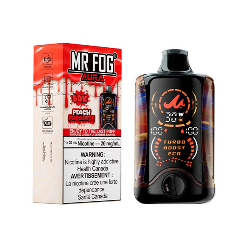 Peach Paradise Mr Fog Aura 60K nicotine free delivers up to 60,000 puffs with dual-mesh heating, 3 power modes, TFT screen & Type-C fast charging in a sleek design.