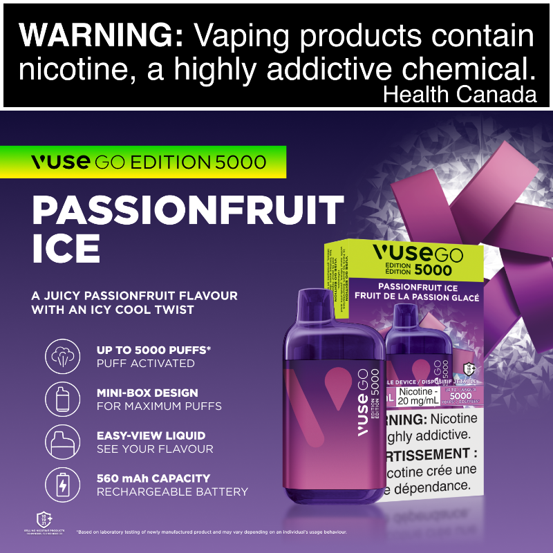 1. BEST VAPE STORE VUSE GO EDITION 5000 PASSIONFRUIT ICE DISPOSABLE AT MISTER VAPOR (MR.VAPOR) CANADA