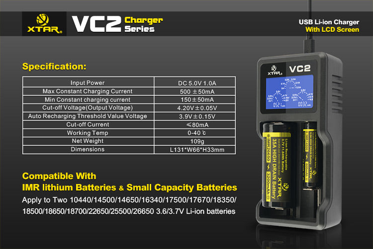 XTAR - VC2 Battery Charger - Mister Vapor