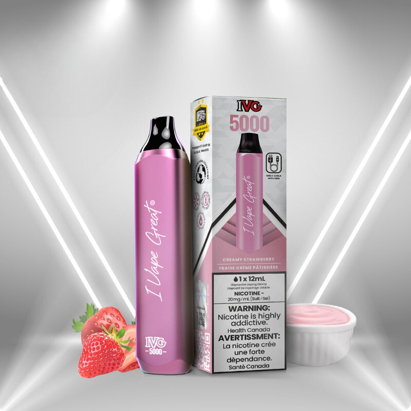 VAPE STORE NEAR ME, SELLING IVG MAX CREAMY STRAWBERRY DISPOSABLE VAPE RECHARGEABLE (5000 PUFF) MISTER VAPOR CANADA
