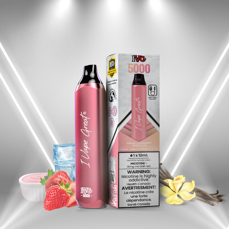 VAPE STORE NEAR ME, SELLING IVG MAX CREAMY STRAWBERRY VANILLA ICE DISPOSABLE VAPE RECHARGEABLE (5000 PUFF) MISTER VAPOR CANADA