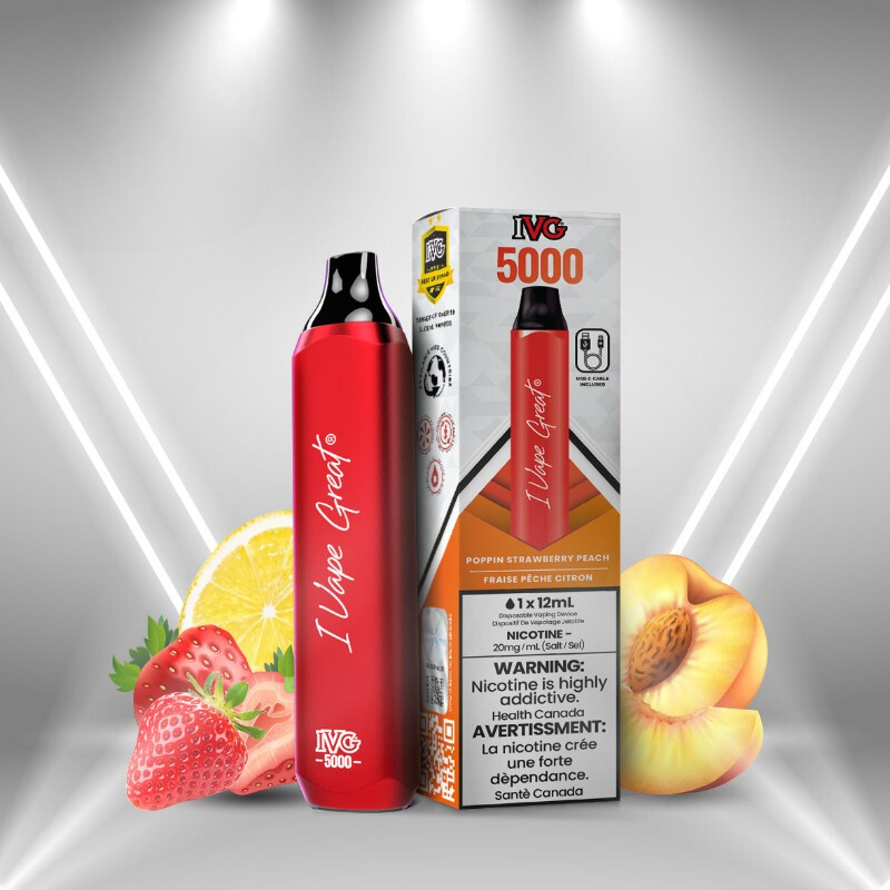 SALE !!! IVG MAX POPPIN STRAWBERRY PEACH DISPOSABLE VAPE RECHARGEABLE (5000 PUFF) AT MISTER VAPOR CANADA